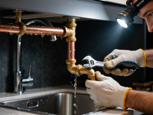 专业管道疏通师傅正在工作，身穿工作服，手持工具，专注处理管道问题，明亮自然光